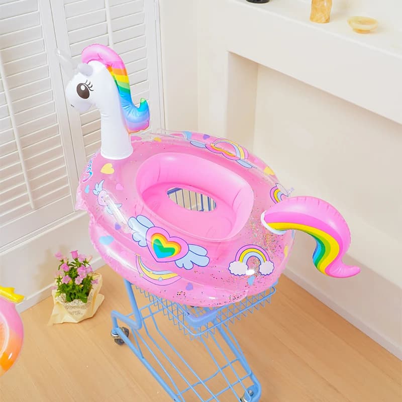 Bouée bébé licorne gonflable avec siège et queue arc-en-ciel, rose ou bleue