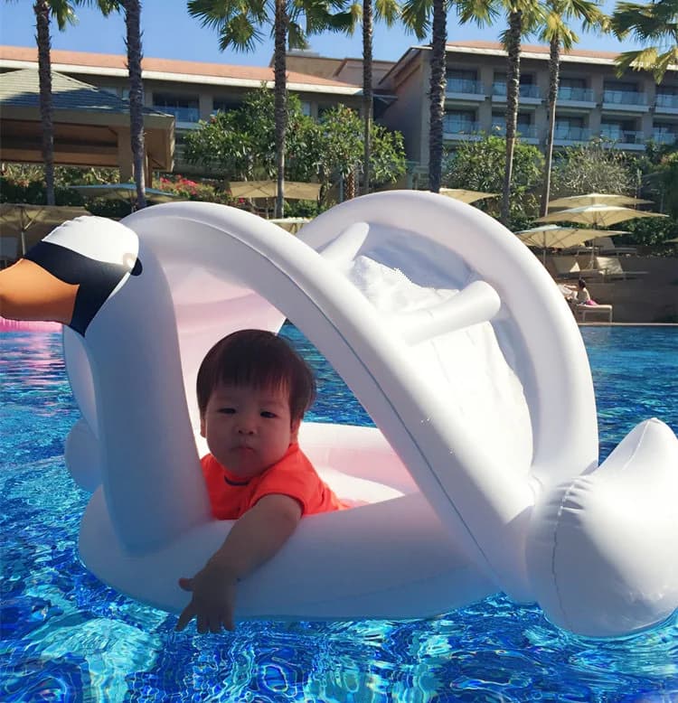 Bouée bébé flamant rose ou cygne blanc avec auvent pare-soleil